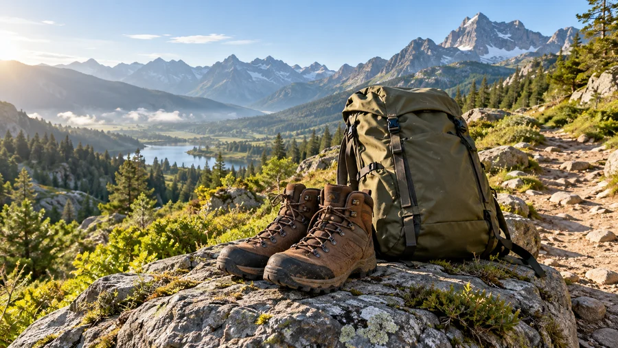 Chaussures et sac de randonnée au départ d’un sentier de montagne