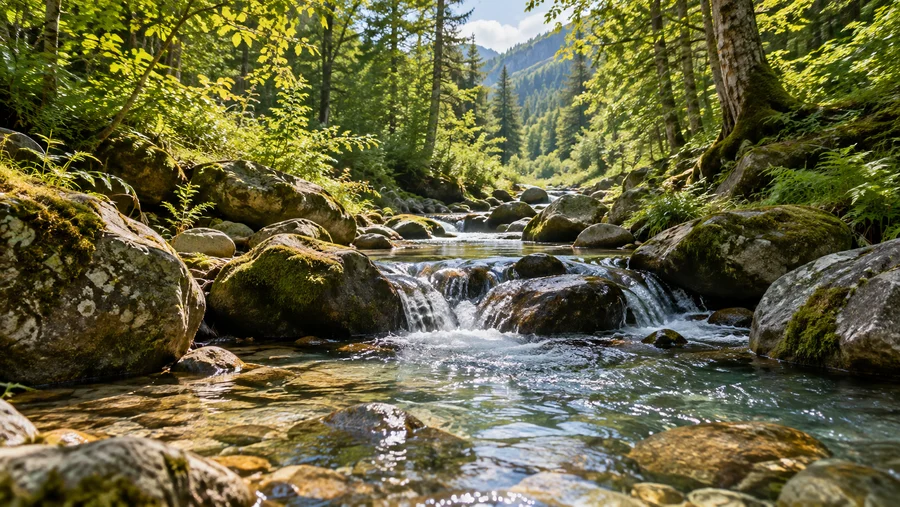 Ruisseau limpide entre les pierres et la végétation d’une forêt