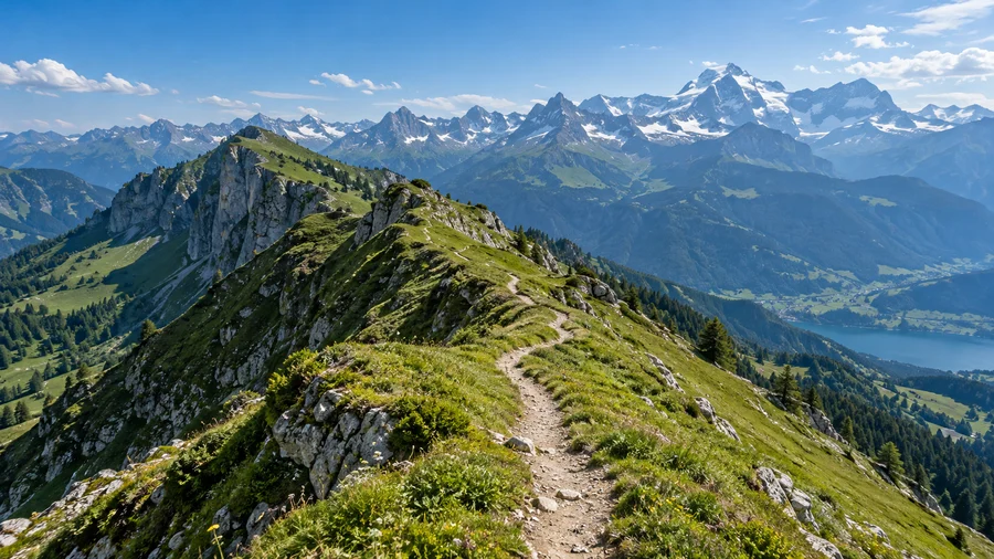 Sentier sur une crête alpine verdoyante sous un ciel bleu