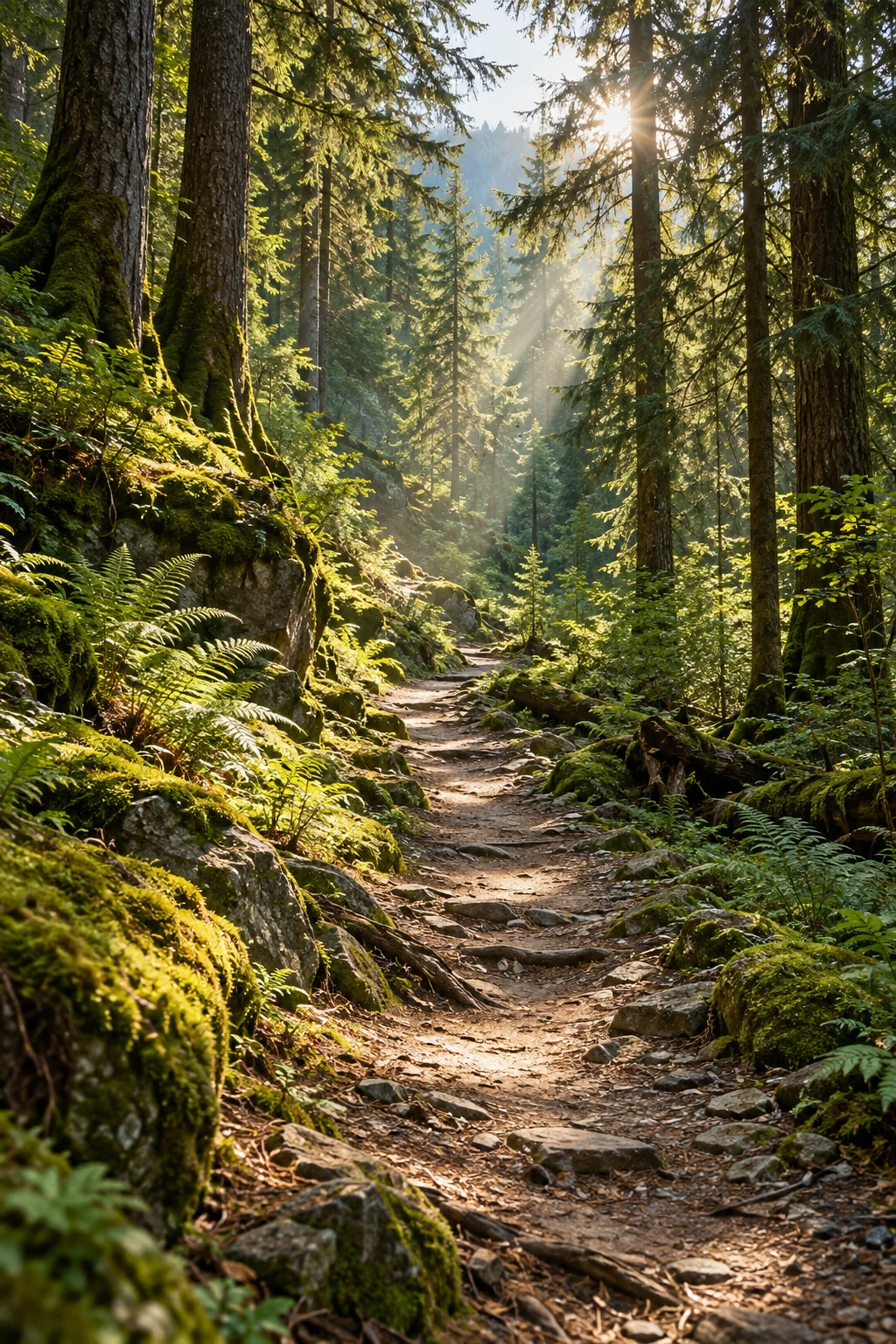 Sentier sinueux au milieu d’une forêt baignée de lumière