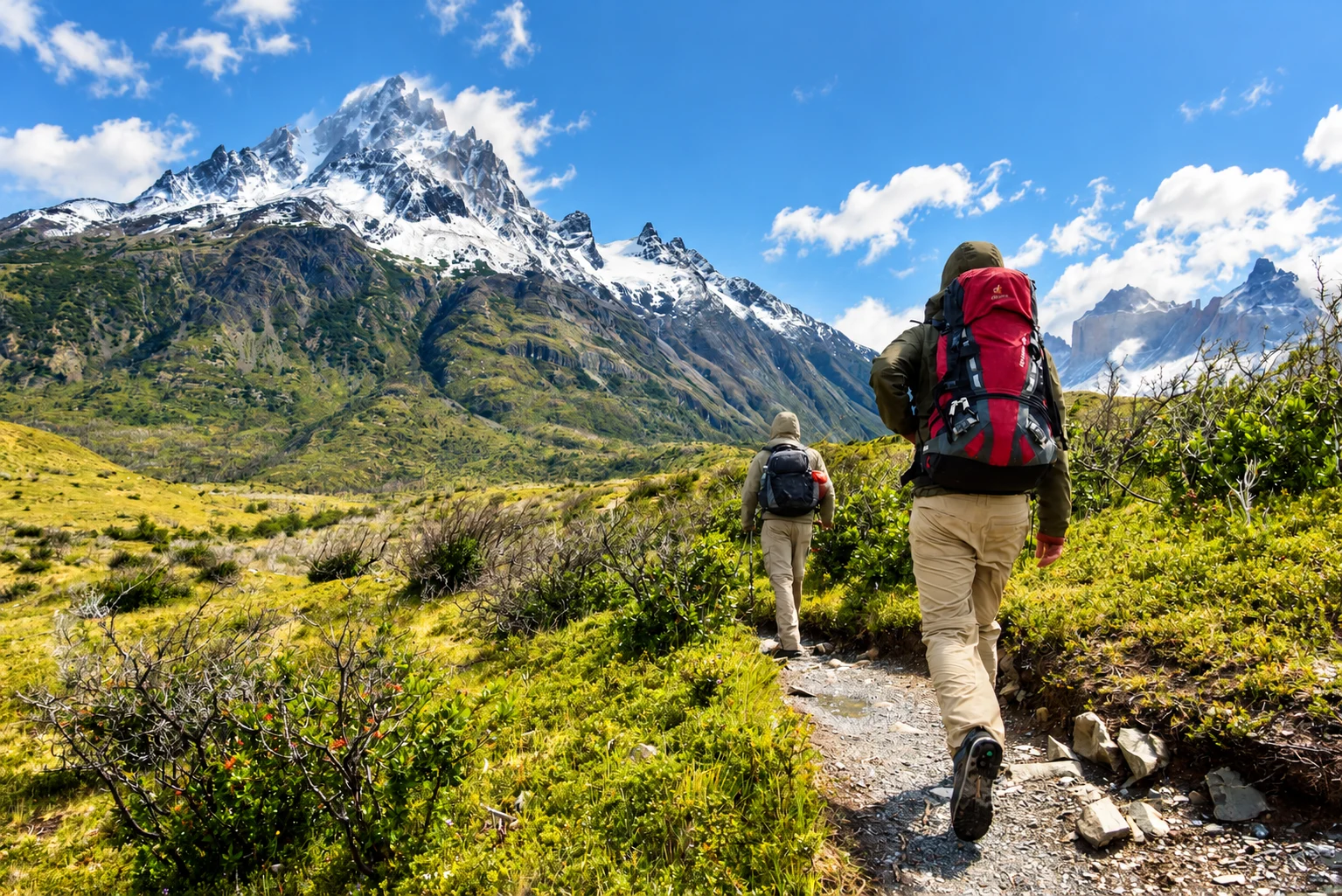Randonneurs de dos, cheveux couverts, sur un sentier de montagne ensoleillé